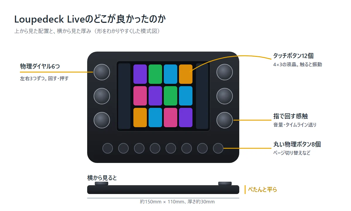 Loupedeck Liveのダイヤルとボタン配置の模式図